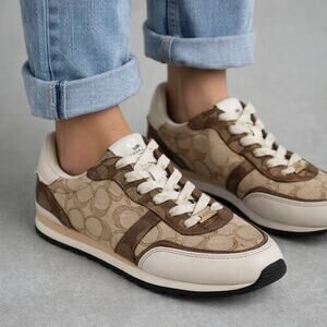Coach Signature C Logo Sneakers Brown Khaki Jacquard Leather Lace Up Size 8.5